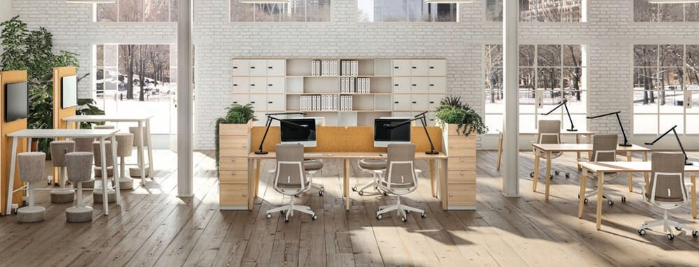 biurka z nogą drewnianą, systemowe meble biurowe